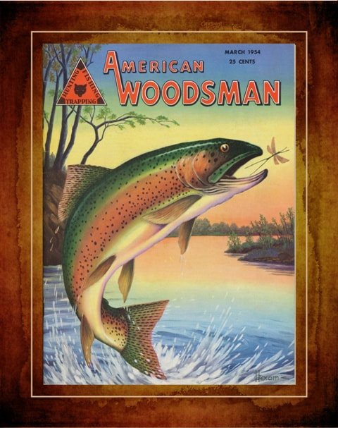 Vintage 1954 American Woodsman Magazine Cover Poster, Trout Fishing Cabin  Wall Art 
