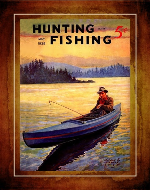 Vintage 1939 Hunting & Fishing Magazine Cover Poster, Canoe Fishing Cabin  Wall Art 
